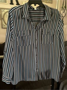 Studio Works Striped Button Down Blouse Top Women's XL Long Sleeve Blue Black Wh